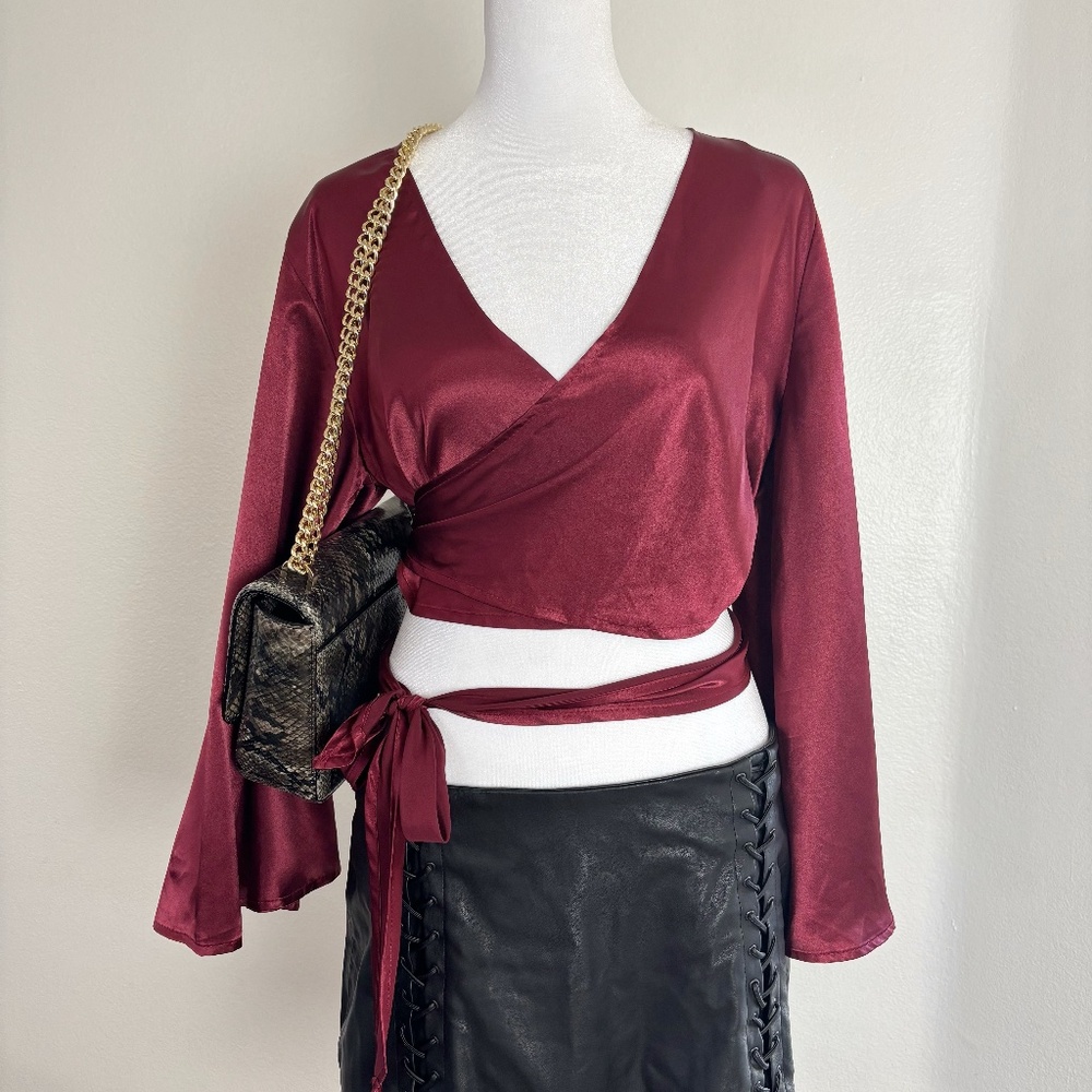 Burgundy Satin Wrap Tie Top – Mistyrose Size M